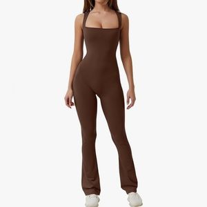 Wide Leg Square Neck Full Body Suit Ribbed Romper Brown NWOT - Medium. JJ